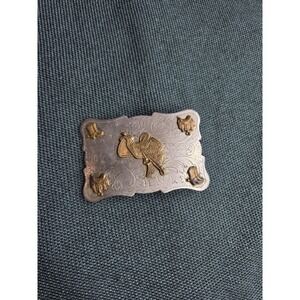 Vintage Rockmount Nickel Silver Cowboy Saddle Belt Buckle Gold Applique